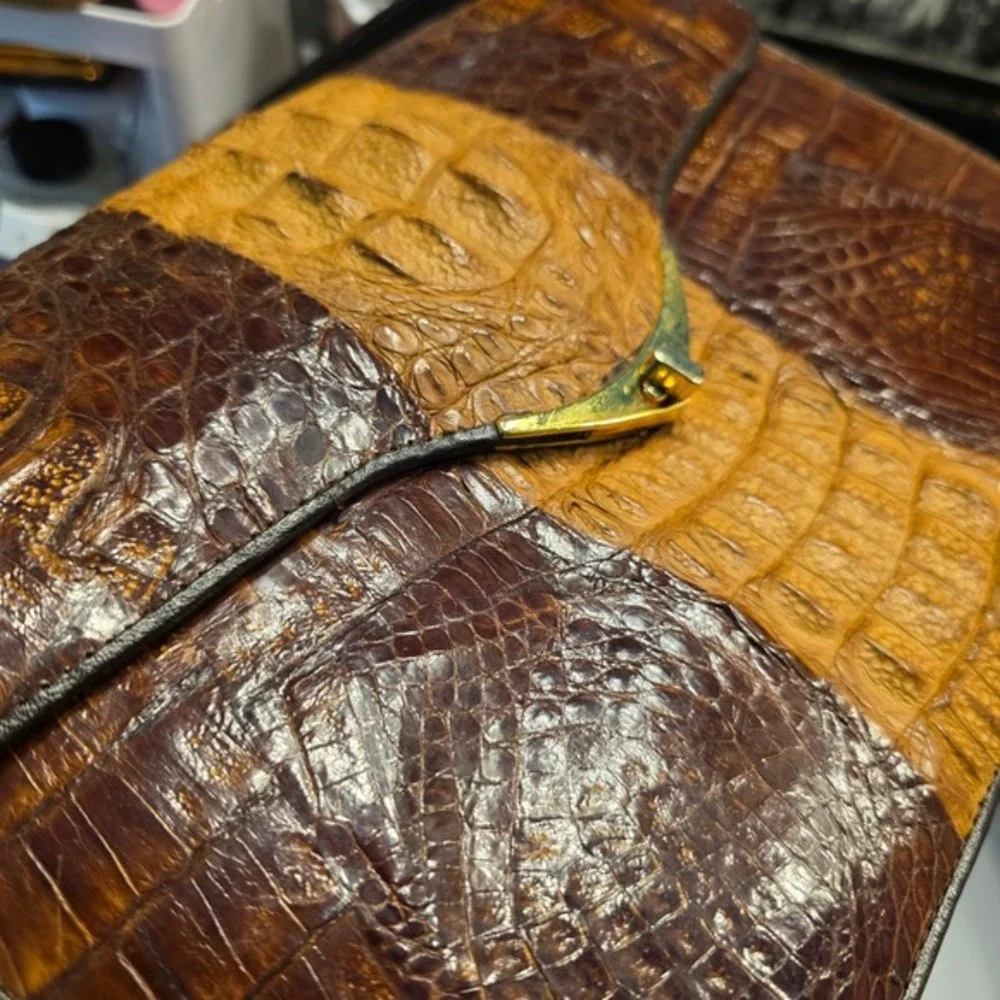 Vintage‎ Two Tone Brown Hornback Crocodile Skin Shoulder Bag Handbag - Picture 16 of 16